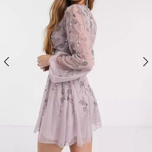 Lilac Mini Dress with Delicate Floral Beading Lavender